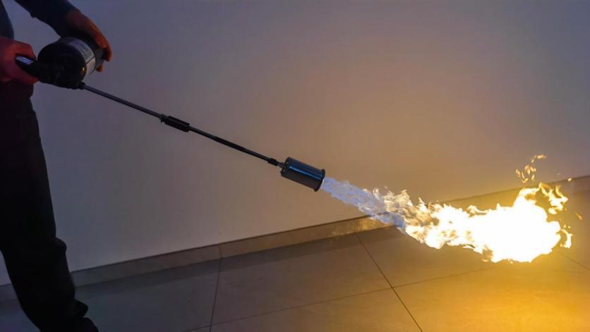 Propane torch flame burning weeds on dry ground